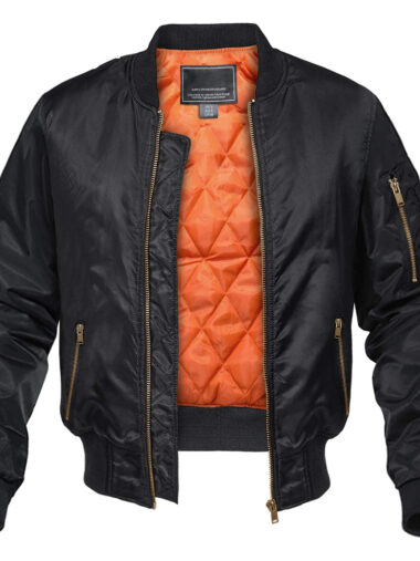 Veste aviateur homme style bombers noir, avec intérieur orange. Sur un fond blanc.
