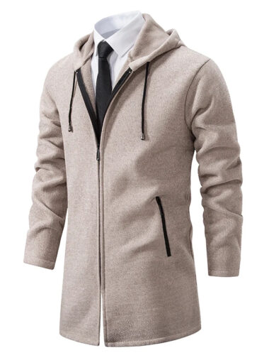 Veste longue homme épaisse à capuche, de couleur beige, sur un fond blanc.