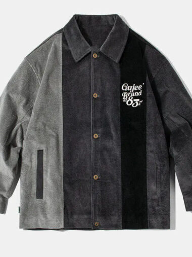 Veste vintage homme style chemise oversize avec col à revers, de couleur gris et noir, sur un fond gris.