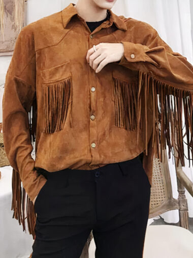 Veste En Cuir Marron Style Western/Cowboy Avec Franges - Taille L - Neuf (sans étiquette)