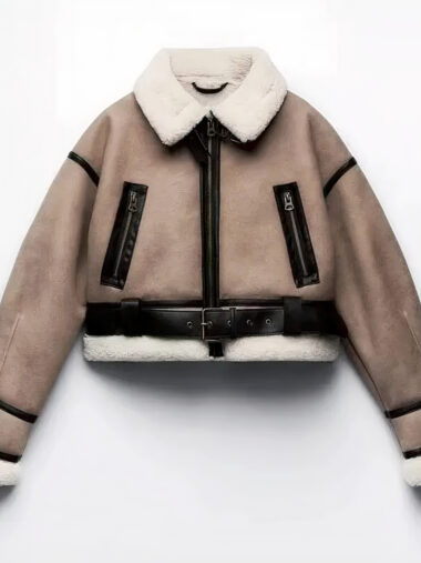 Veste aviateur femme courte en fausse fourrure sur fond gris