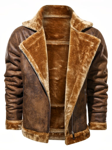 Veste aviateur homme en simili cuir marron avec col à revers, sur un fond blanc.