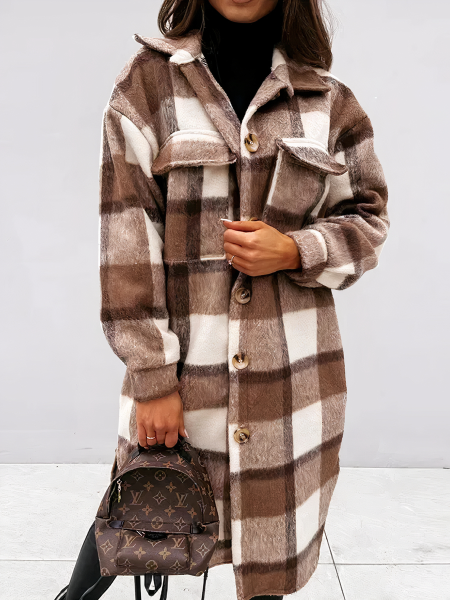 Veste carreaux femme longue et épaisse avec boutons • Ma veste