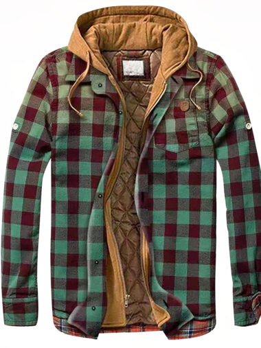 Accueil Veste carreaux homme verte avec capuche marron, sur un fond blanc.