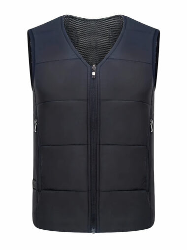 Veste chauffante homme style gilet avec batterie externe sur fond blanc