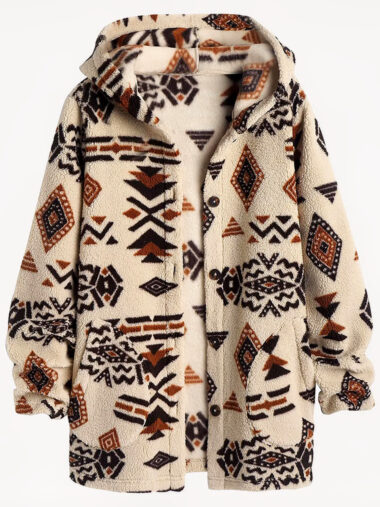 Veste moumoute femme à capuche avec motifs imprimés sur fond gris