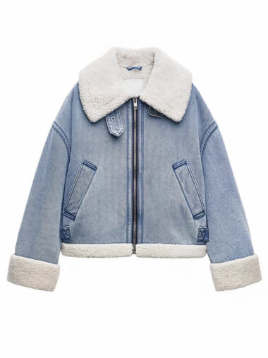 Veste moumoute femme effet jean à col rabattu sur fond blanc