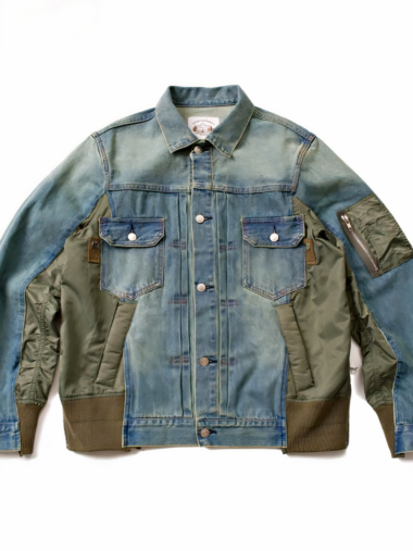 Veste patchwork homme effet jean avec fermeture éclair sur le côté sur fond blanc