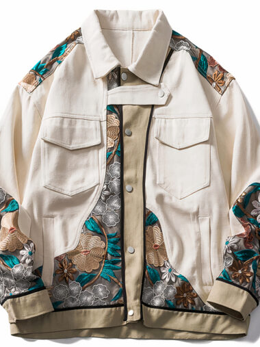 Veste patchwork homme style japonais avec motif floral sur fond blanc