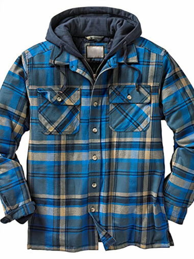 Veste polaire homme avec capuche et motif à carreaux sur fond blanc