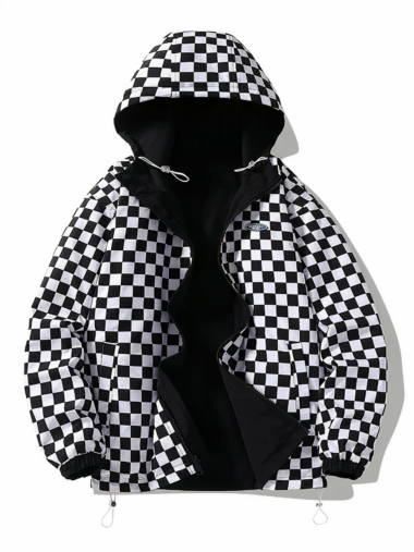 Veste réversible homme effet damier avec capuche sur fond blanc