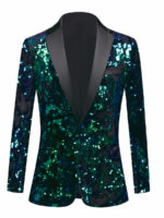 Veste sequin homme style costume brillant vert, sur un fond blanc.