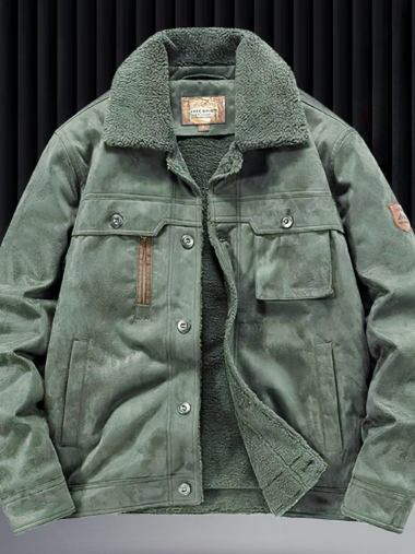 Veste suédine homme avec intérieur en fausse fourrure sur fond noir et gris