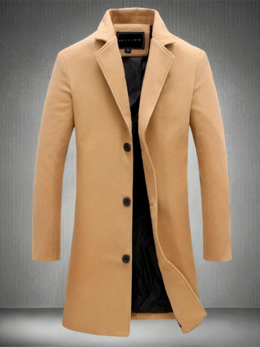 Veste tailleur homme style manteau long à col rabattu sur fond gris