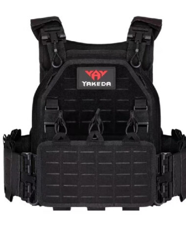 Veste lestée unisexe style gilet tactique noir, sans manche, sur un fond blanc.