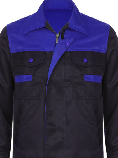 Veste de chantier noire et bleue pour homme, avec col à revers, sur un fond blanc.