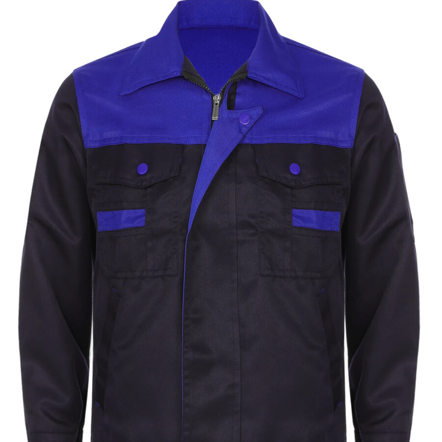 Veste de chantier noire et bleue pour homme, avec col à revers, sur un fond blanc.