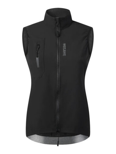 Veste vtt femme conception imperméable et sans manche, de couleur noire, sur un fond blanc.