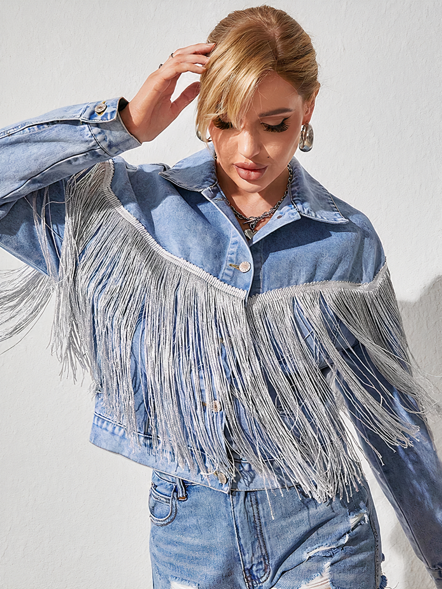 Veste à franges femme de style denim avec boutons • Ma veste