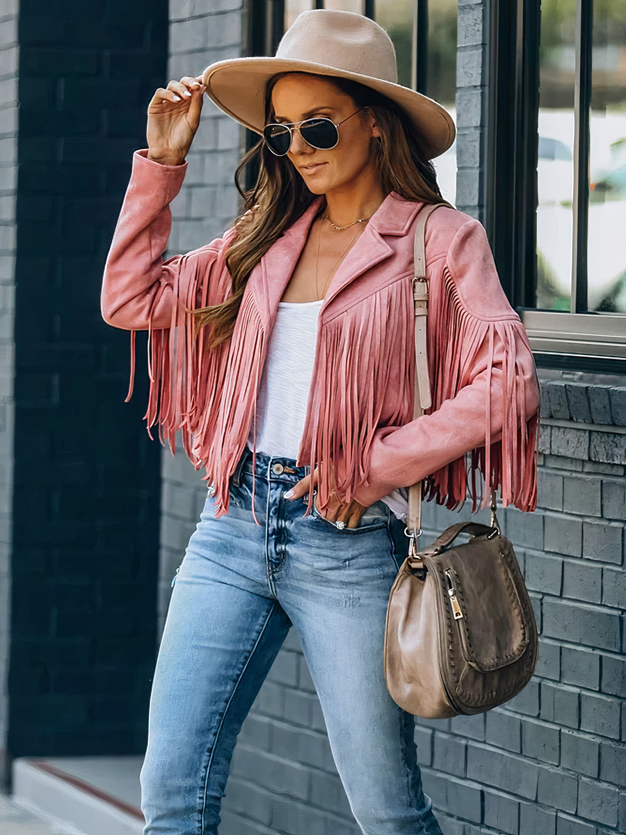 Veste à franges femme rose et courte de style vintage • Ma veste