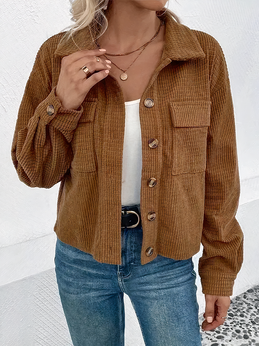 Veste courte femme avec effet velours côtelé marron • Ma veste