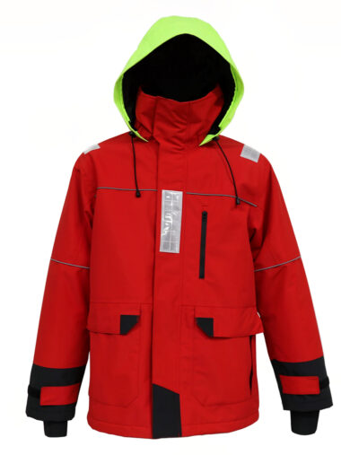 Veste de quart homme rouge et imperméable avec capuche vert fluo sur fond blanc