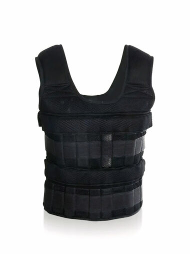 Veste lestée unisexe pour l'entrainement avec sangles velcro, de couleur noire, sur un fond blanc.