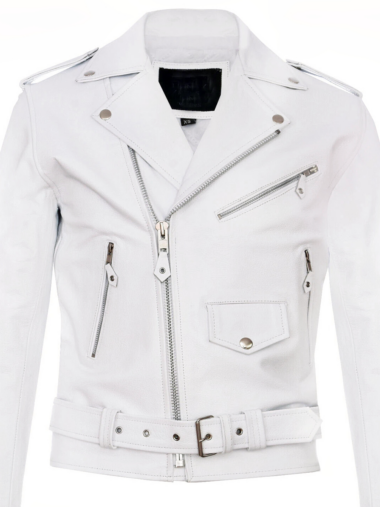 Veste moto femme blanche et zippée avec col à revers et ceinture sur fond blanc