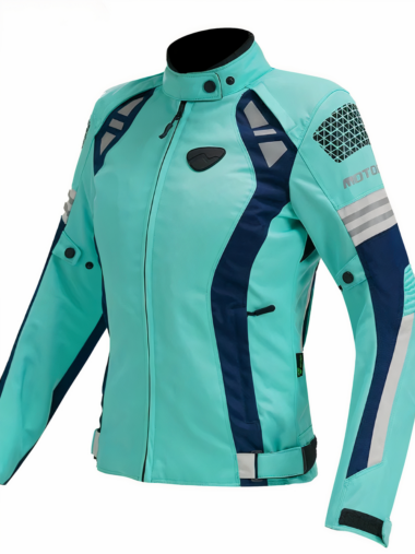 Veste moto femme coupe-vent avec col ajustable et protections sur fond blanc
