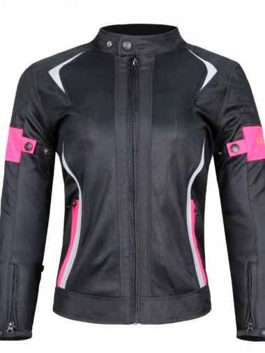 Veste moto femme étanche et zippée avec bandes réfléchissantes sur fond blanc