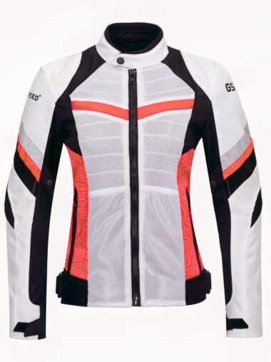 Veste moto femme respirante et anti-chute en coton sur fond blanc