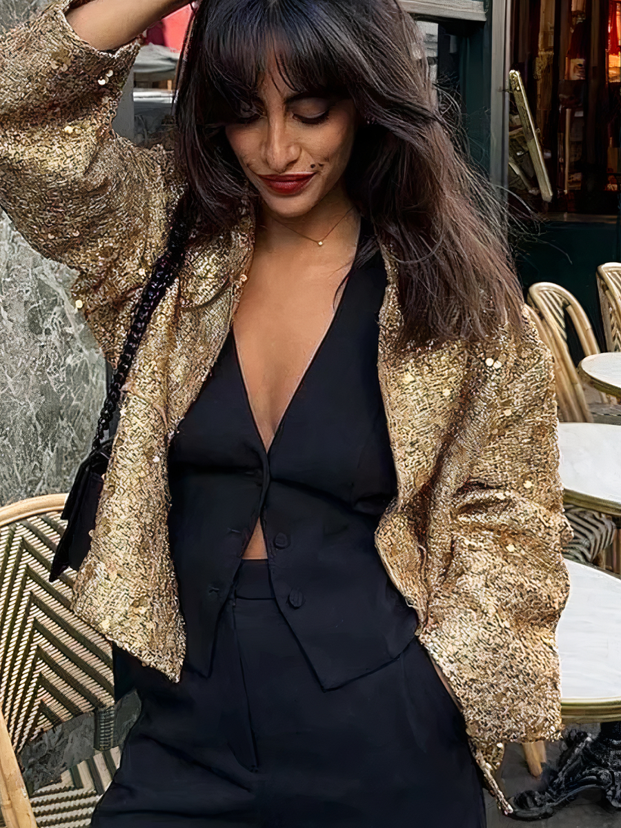 Blazer Veste Sequin DorÃ© Femme Blazer Femmes Paillettes Doré