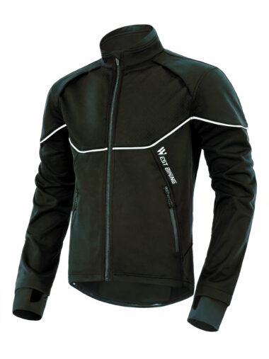 Veste vtt homme thermique et respirante avec bande réfléchissante sur fond blanc