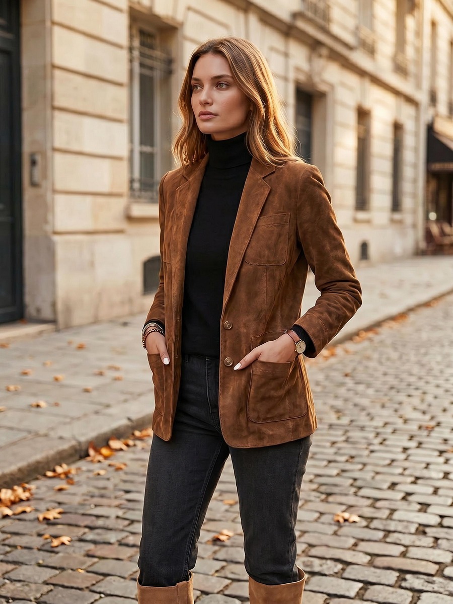 Une femme portant la veste blazer pour femme faux suède vintage marron, avec un haut noir et un jean foncé, debout dans une rue pavée devant de grands immeubles clairs.