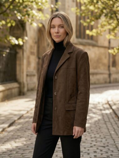 Une femme portant la veste blazer suédé marron oversize femme, avec un col tailleur et une coupe large, debout dans une rue pavée bordée d’arbres.