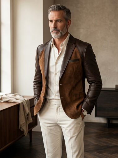 Un homme élégant porte une veste blazer suède homme bimatière marron chocolat avec une chemise claire et un pantalon blanc, dans une pièce lumineuse au décor sobre.