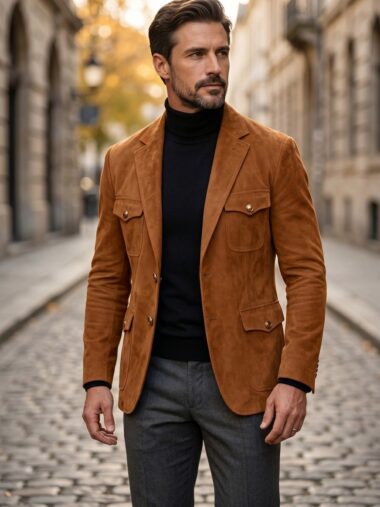 Un homme porte une Veste blazer suédé cognac homme esprit années 70 avec un pull noir et un pantalon gris, debout dans une rue pavée en ville aux tons d’automne.