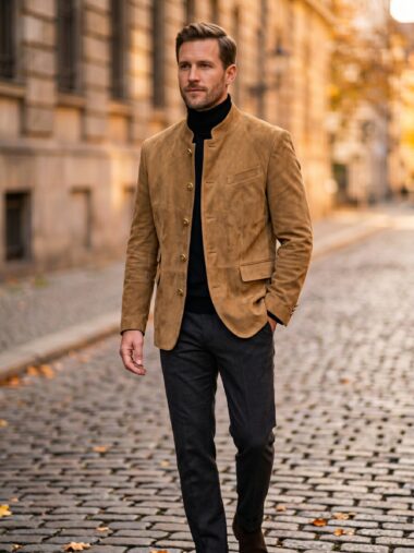 Un homme portant une Veste blazer suédé homme col mao rétro camel, avec un pull noir et un pantalon sombre, se promène sur une rue pavée devant des immeubles flous aux tons chauds.