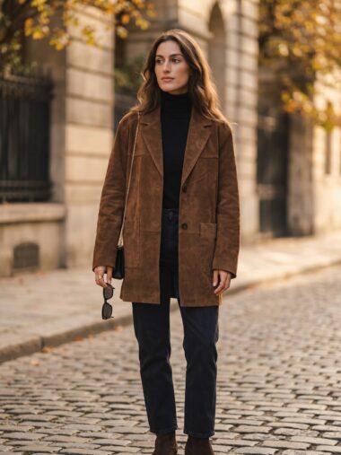 Une femme portant une Veste blazer suédé long femme style urbain marron, avec un haut noir et un pantalon foncé, debout dans une rue pavée avec des bâtiments en arrière-plan.