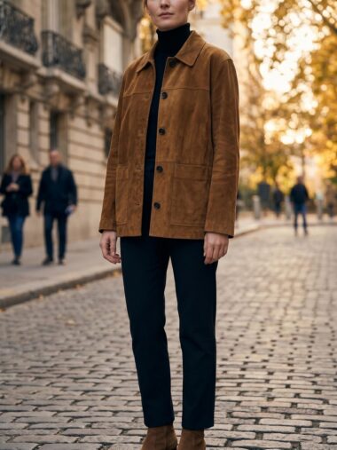 Une femme porte la veste suédée habillée femme esprit boho urbain marron, avec col et boutons noirs, dans une rue pavée en ville avec des arbres dorés en arrière-plan.